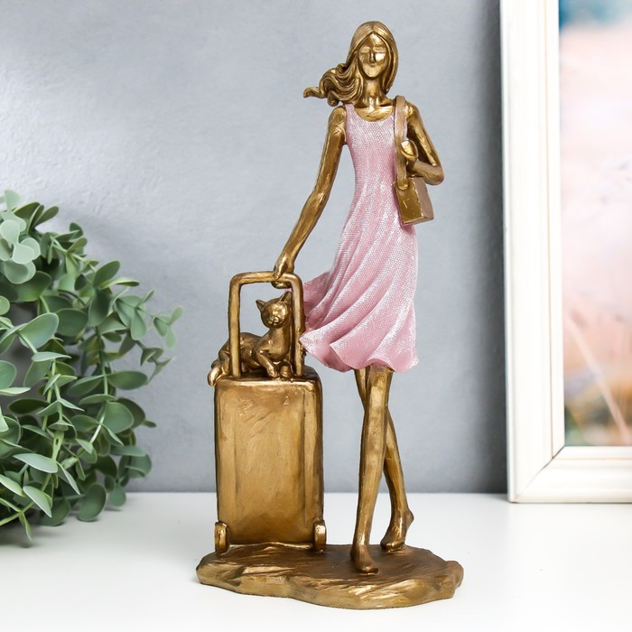 сувенир полистоун девушка в розовом платье сотах с розочкой 9 5х8х25 5 см Сувенир полистоун Девушка в розовом платье с чемоданом и котом 10х12,5х25,5 см
