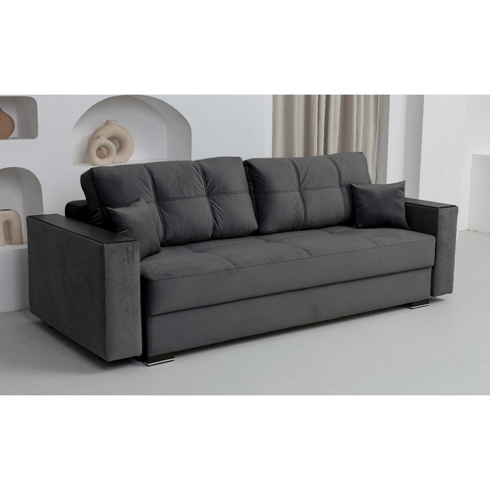 Прямой диван «Кардинал», подлокотники с МДФ, механизм тик-так, НПБ, велюр, ultra graphite