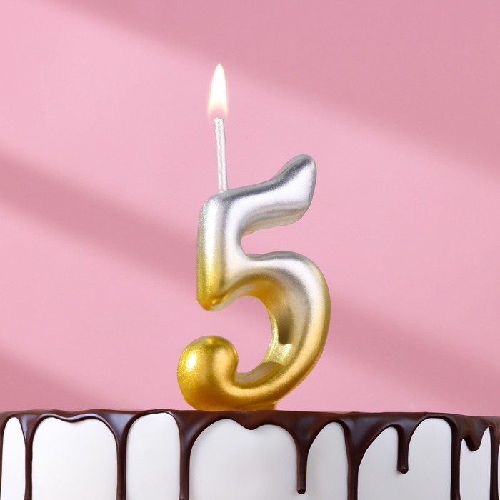 Свеча для торта цифра Овал 5, 5,5 см, золото-серебро свеча для торта цифра овал 5 красная 5 5 см