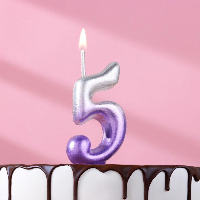 Свеча для торта цифра Овал 5, 5,5 см, серебро-сирень свеча для торта цифра овал 8 5 5 см золото серебро
