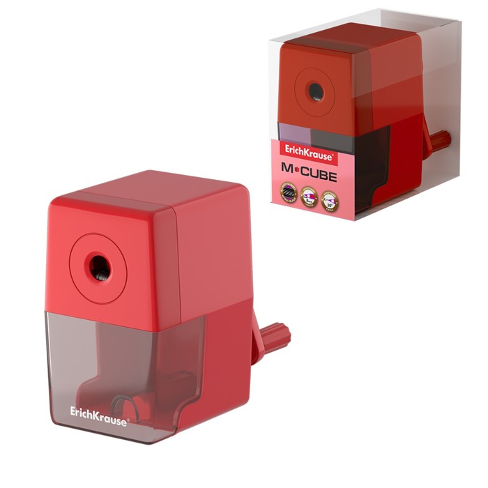 фото Точилка 1 отверстие erichkrause m-cube, с контейнером и механизмом крепления к столу, отверстие диаметром 8 мм, красная