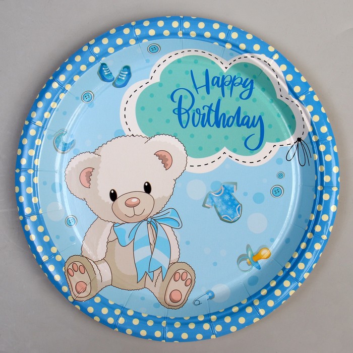Тарелка бумажная «С днём рождения!», мишка, 18 см, в наборе 6 штук, голубая тарелка бумажная единорог 18 см в наборе 6 штук
