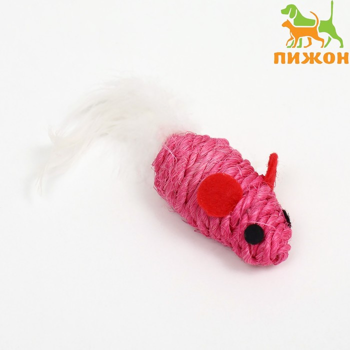 Игрушка для кошек Мышь сизалевая малая с меховым хвостом, 5,5 см, розовая