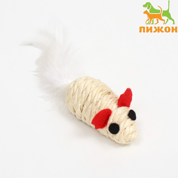 Игрушка для кошек Мышь сизалевая малая с меховым хвостом, 5,5 см, белая