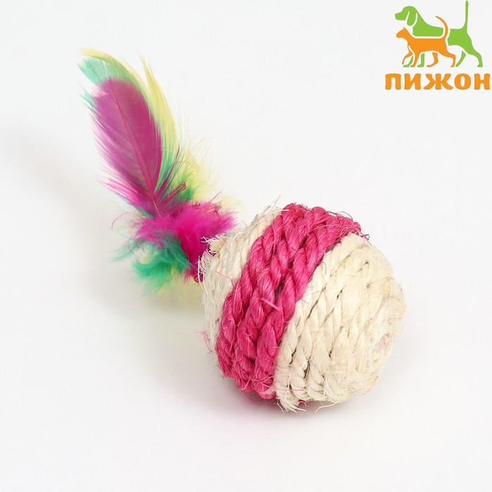 Мяч сизалевый с перьями Леденец, 5 см,белая/розовая