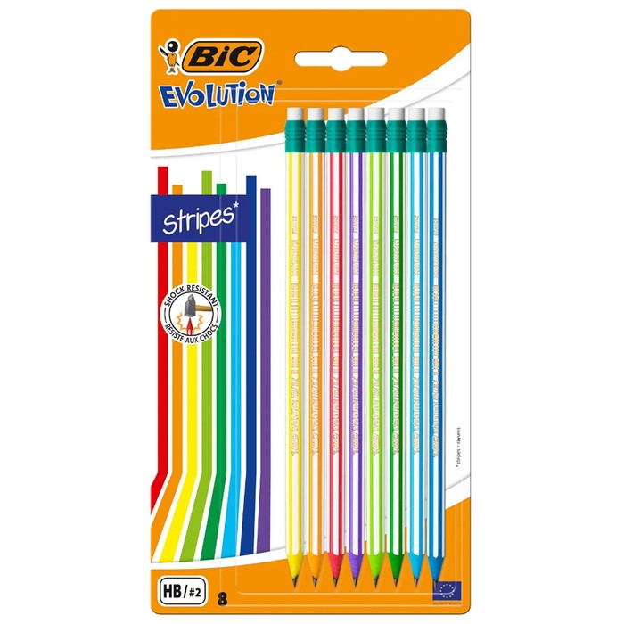 Набор карандашей чернографитных BIC EvoStripes, HB, 8 штук, пластиковых, ударопрочный грифель, с ластиком, МИКС