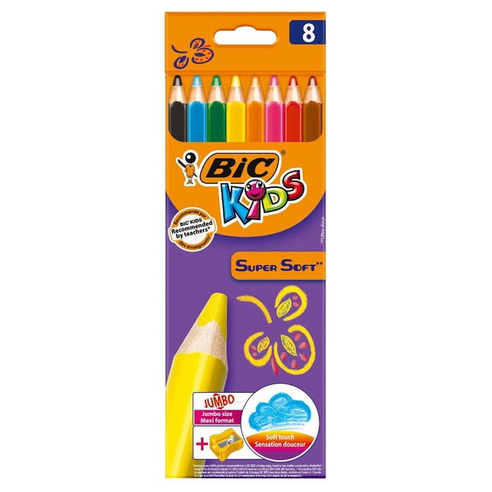 фото Карандаши 8 цветов, bic supersoft jumbo, детские, утолщенные, ударопрочный грифель 4.4 мм. трехгранные, пластиковые, премиум супермягкие, точилка в подарок!