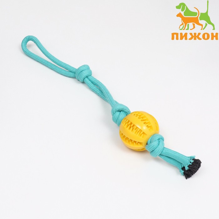

Игрушка канатная плетёная с мячом, до 45 см, до 115 г, голубая/желтая