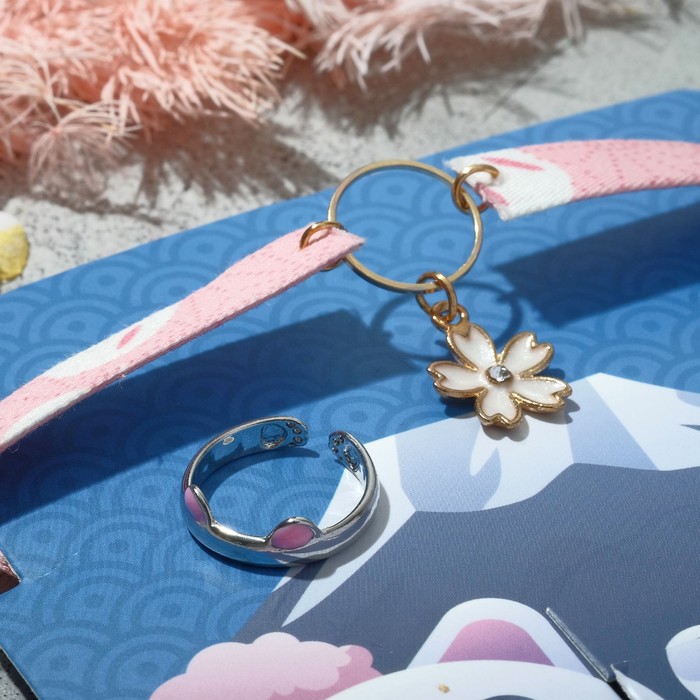 Набор 2 предмета: кольцо, чокер "Япония" милый, цвет бело-розовый в серебристо-золотом металле