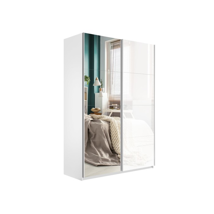 Шкаф-купе «Прайм», 1400×570×2300 мм, 2-х дверный, зеркало / белое стекло, цвет белый снег шкаф купе прайм 1400×570×2300 мм 2 х дверный зеркало белое стекло цвет бетон