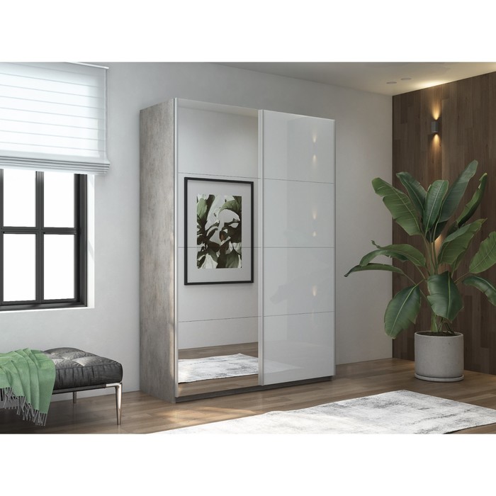 Шкаф-купе «Прайм», 1400×570×2300 мм, 2-х дверный, зеркало / белое стекло, цвет бетон 44384
