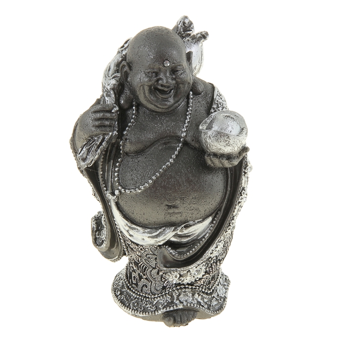 Нэцкэ под металл "Хотей в ткани со слитком, мешком и персиками"