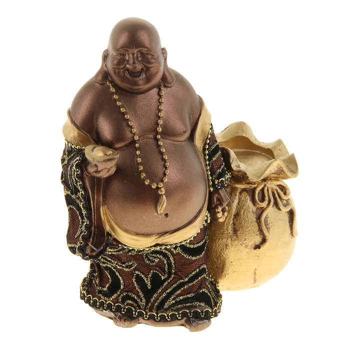 Нэцкэ под бронзу "Хотей в ткани со слитком, четками и мешком богатства"