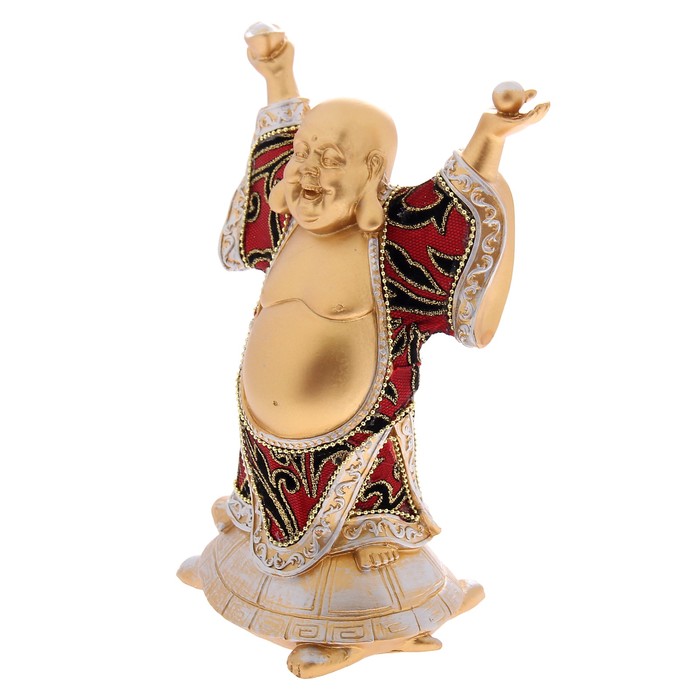 Нэцкэ под золото "Хотей в ткани со слитком на черепахе долголетия"