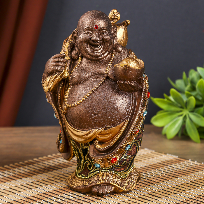 Нэцкэ под бронзу "Хотей в ткани со слитком, мешком и персиками"