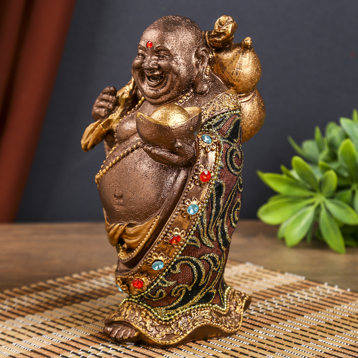 Нэцкэ под бронзу "Хотей в ткани со слитком, мешком и персиками"