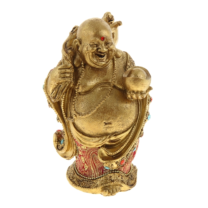 Нэцкэ под бронзу "Хотей в ткани со слитком, мешком и персиками"