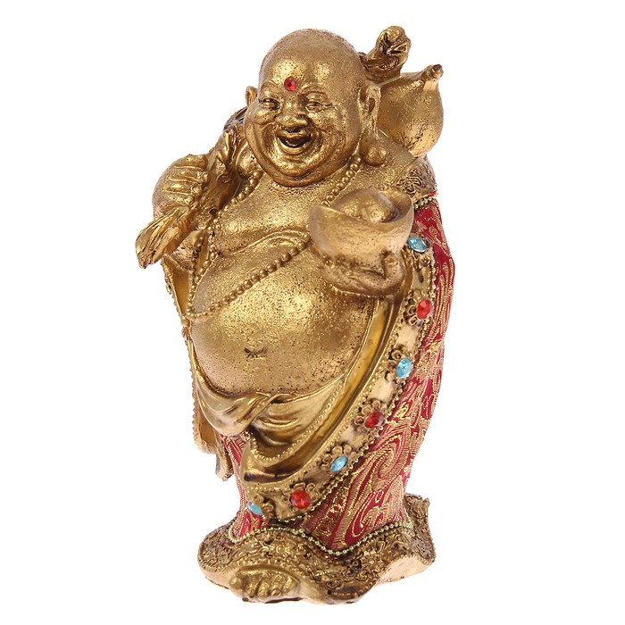 Нэцкэ под бронзу "Хотей в ткани со слитком, мешком и персиками"