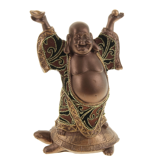 Нэцкэ под бронзу "Хотей в ткани со слитком на черепахе долголетия"