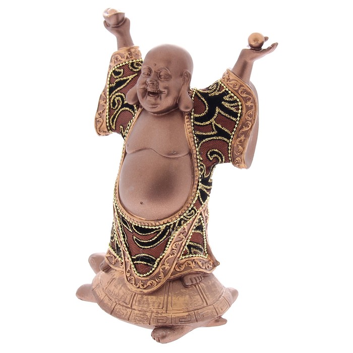 Нэцкэ под бронзу "Хотей в ткани со слитком на черепахе долголетия"