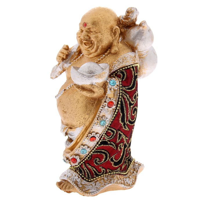 Нэцкэ под золото "Хотей в ткани со слитком, мешком и персиками"