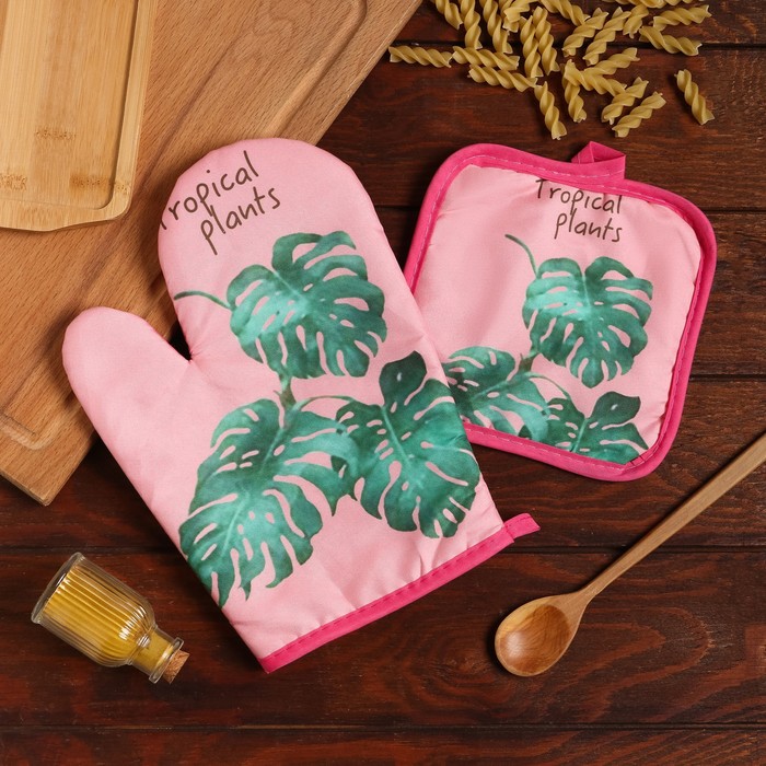 

Кухонный набор 2 предмета Доляна "Tropical" цвет розовый прихватка 17х17 см, варежка 25х16 см,100% п/э