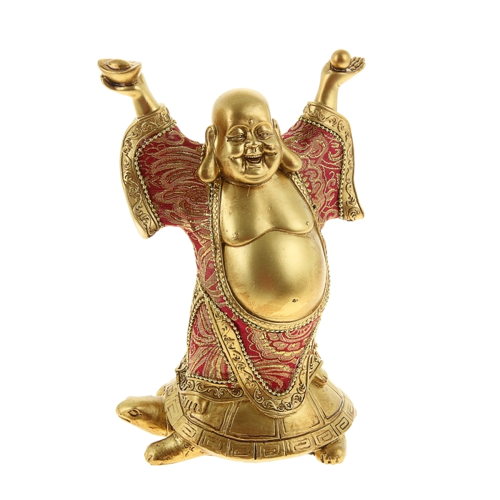 Нэцкэ под бронзу "Хотей в ткани со слитком на черепахе долголетия"