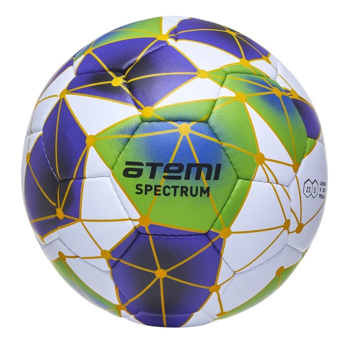 фото Мяч футбольный atemi spectrum, микрофибра, бел/син/зел, размер 5, р/ш, окруж 68-70