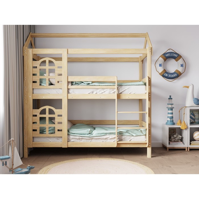 цена Двухъярусная кровать-домик «Бэби люкс», 700 × 1900 мм, массив, без покрытия, цвет сосна