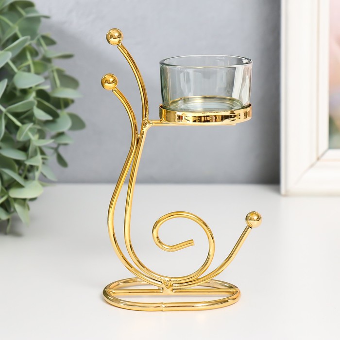 фото Подсвечник металл, стекло на 1 свечу "изгибы. шарики" d-4,5 см золото 9х6,5х15,5 см