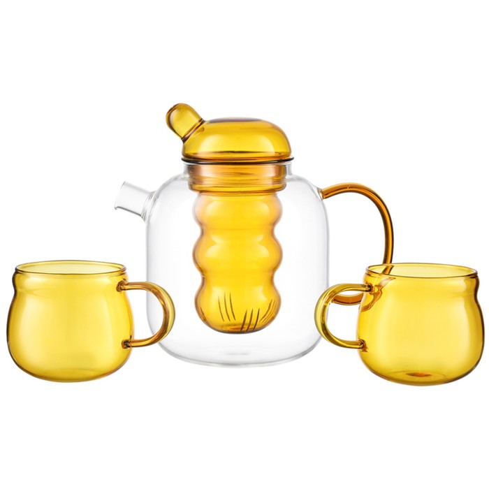 фото Чайник стеклянный с двумя чашками, цвет жёлтый, 1.2 л smart solutions