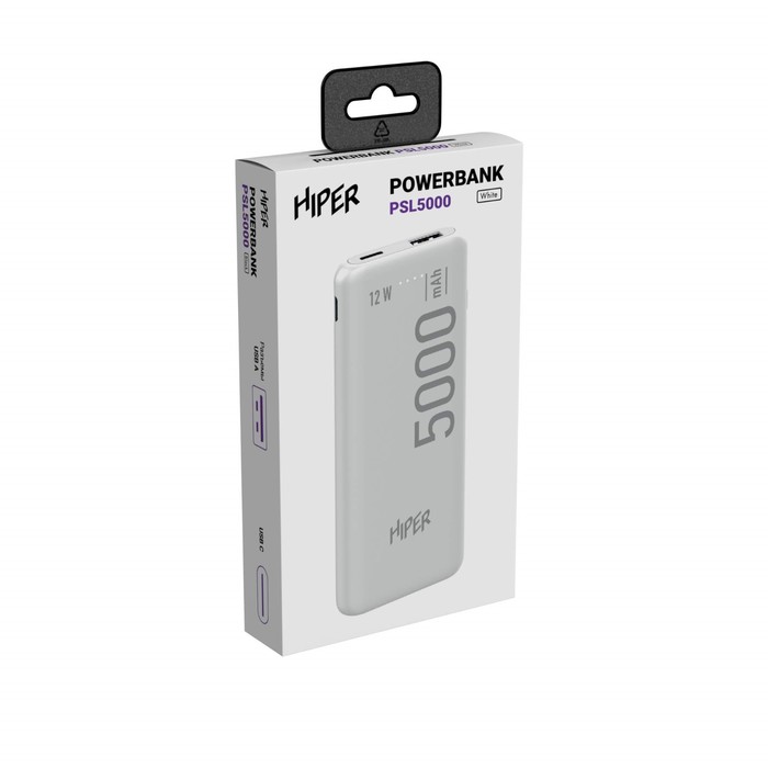 

Внешний аккумулятор Hiper PSL5000, 5000 мАч, 2.1 A, USB, белый