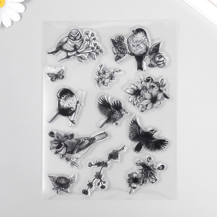Штамп для творчества силикон "Птички и цветы" 14,5х20х0,3 см