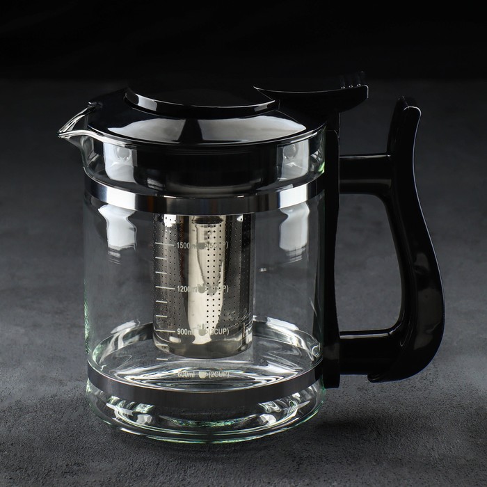 чайник стеклянный заварочный доляна иллюзия 1 5 л с металлическим ситом цвет чёрный Чайник стеклянный заварочный «Кессель», 1,2 л, с металлическим ситом, цвет чёрный