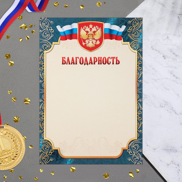 

Благодарность "Символика РФ" синяя рамка, бумага, А4