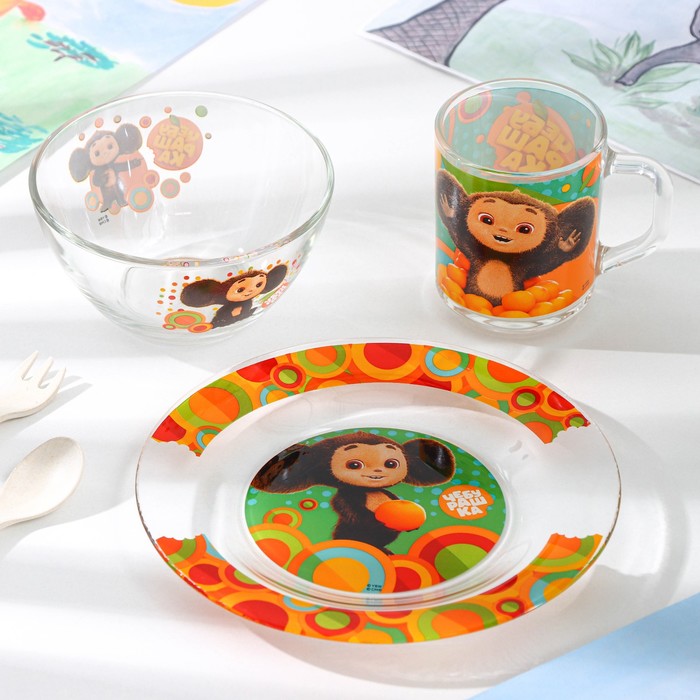 Набор посуды «Чебурашка», 3 предмета: тарелка,миска, кружка, в подарочной упаковке, стекло набор посуды чебурашка 3 предмета тарелка миска кружка в подарочной упаковке стекло