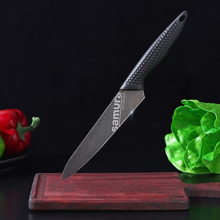 Нож кухонный "Samura GOLF Stonewash", универсальный, лезвие 15,8 см, черная рукоять