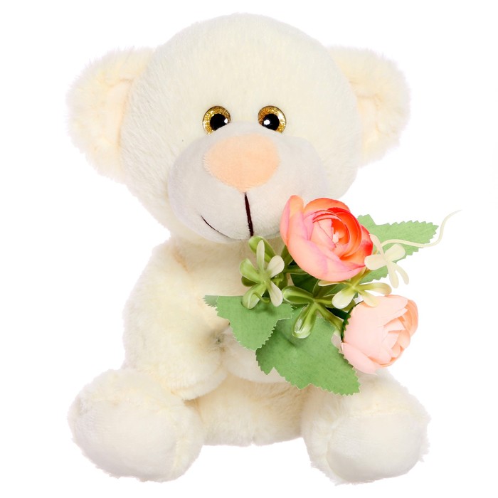 Мягкая игрушка «Медвеженок Сильвестр с букетиком Камелий», 20 см, цвет белый