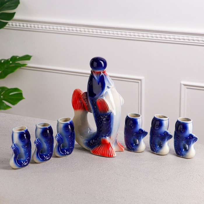 Штоф с рюмками "Сазан" синий, 7 предметов, 1,2 л/ 0,1 л