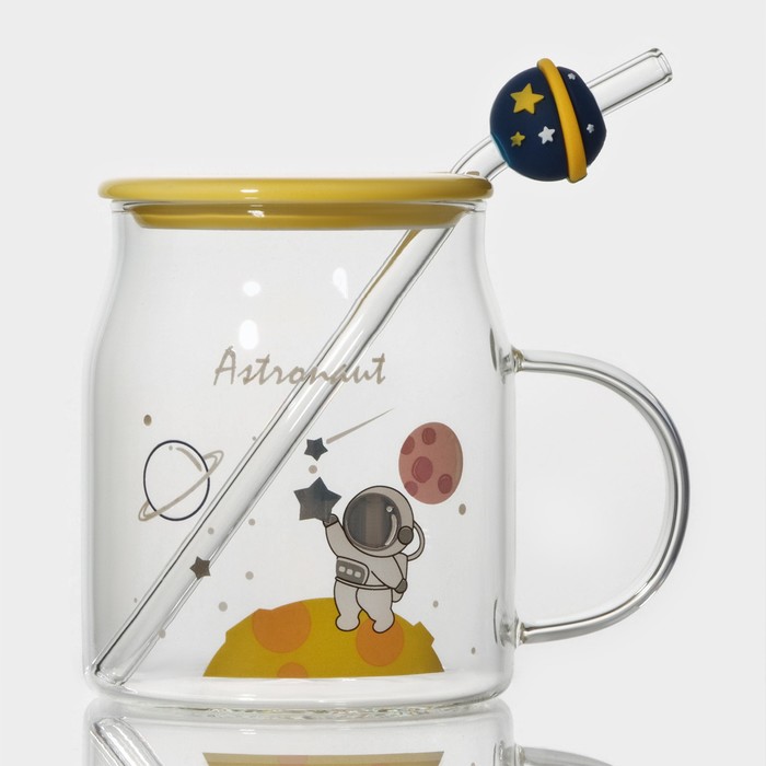фото Кружка стеклянная с керамической крышкой и трубочкой «космос», 500 мл, 12×8,2×11 см, цвет микс