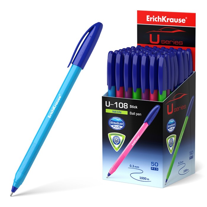 Ручка шариковая ErichKrause U-108 Neon Stick 1.0, Ultra Glide, цвет чернил синий