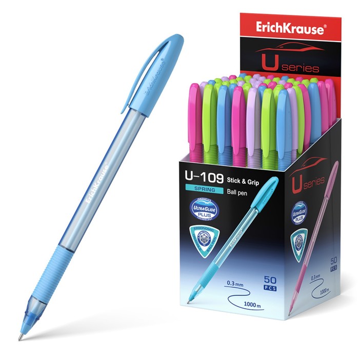 Ручка шариковая ErichKrause U-109 Spring Stick&Grip 1.0, Ultra Glide, цвет чернил синий ручка шариковая erichkrause u 109 spring stick