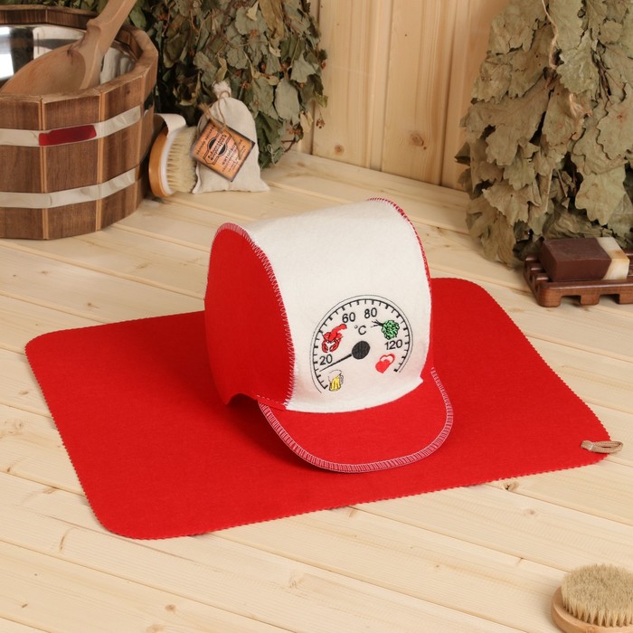 Набор для бани: шапка и коврик Градусы красный