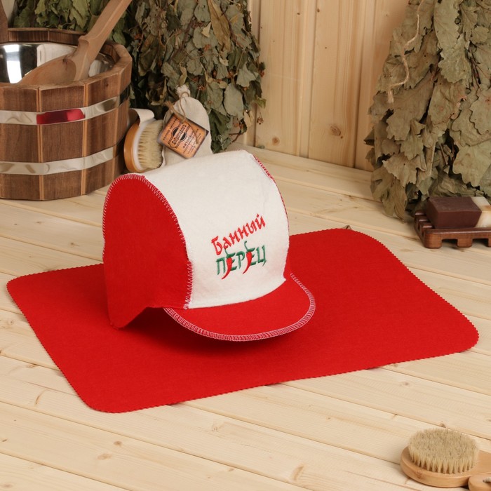 Набор для бани: шапка и коврик Банный перец красный