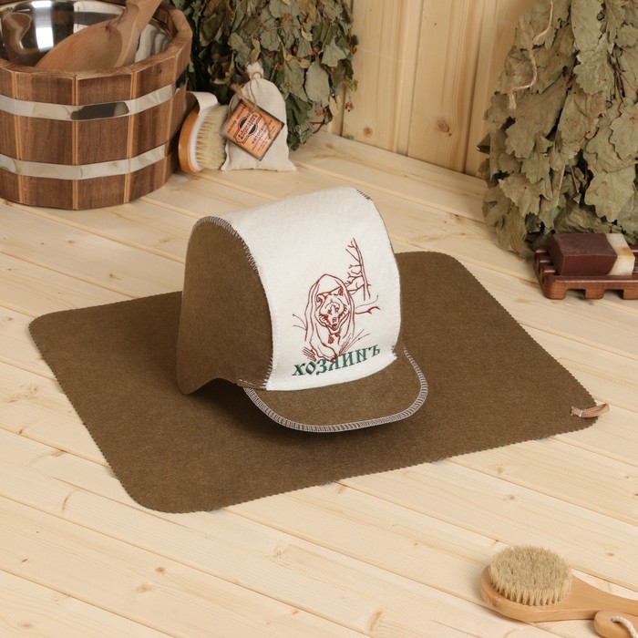 Набор для бани: шапка и коврик Хозяинъ зеленый
