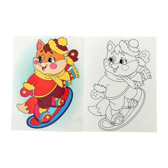 Раскраска Посмотри и раскрась "Лисенок на сноуборде"