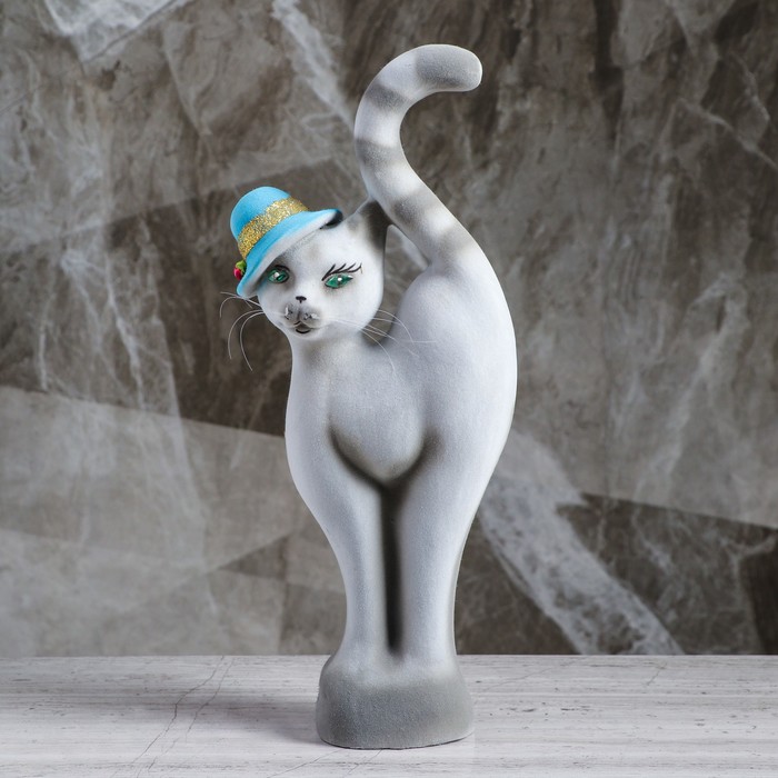 Копилка "Кошка в шляпе" флок, серая, микс