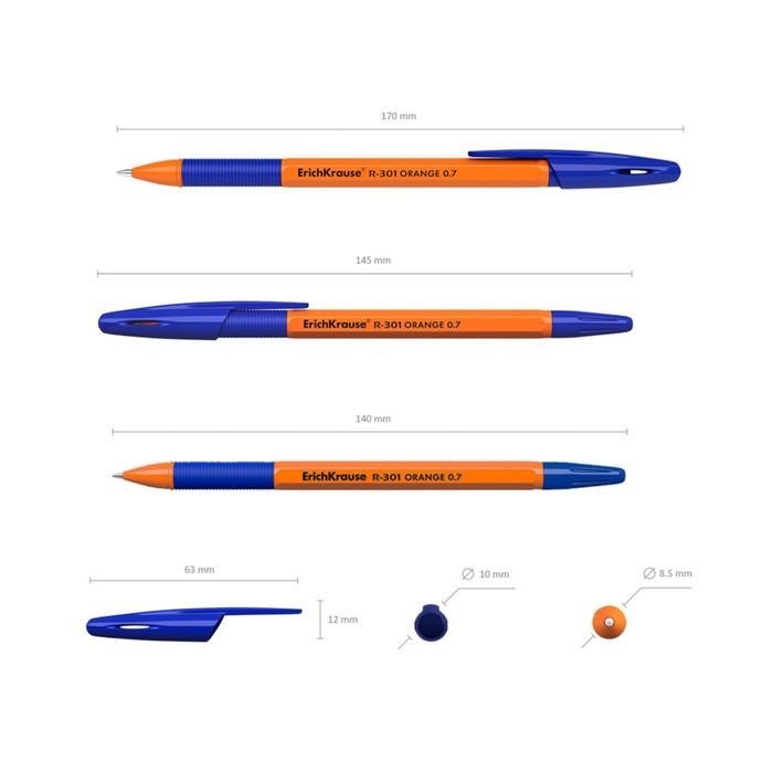 фото Набор ручек шариковых erichkrause r-301 orange stick&grip, 8 штук, узел 0.7 мм, цвет чернил синий, резиновый упор, корпус оранжевый