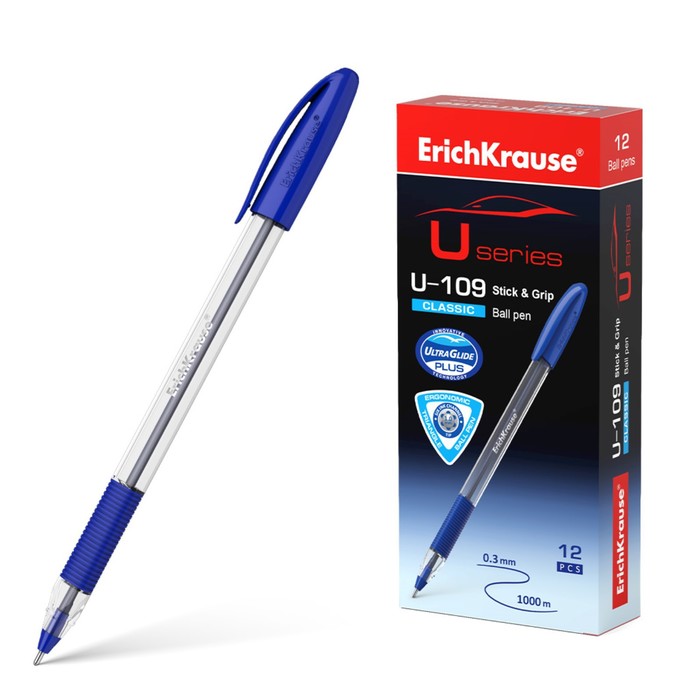 Ручка шариковая ErichKrause U-109 Classic Stick&Grip, узел 1.0 мм, грип, чернила синие ручка шариковая erichkrause u 109 classic stick