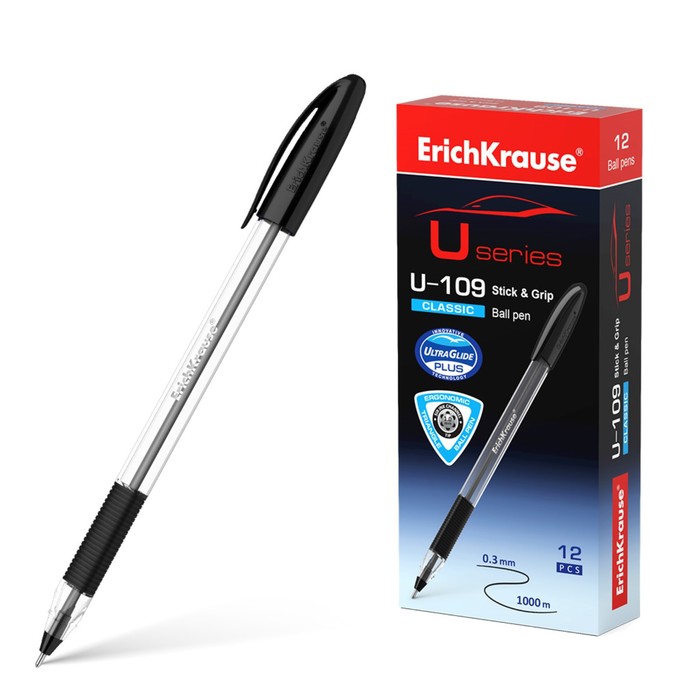 Ручка шариковая ErichKrause U-109 Classic Stick&Grip, узел 1.0 мм, грип, чернила черные ручка шариковая erichkrause u 109 classic stick